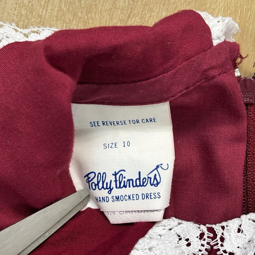VTG Polly Flinders Hand Smocked Embroidered Long Sleeve Prairie Dress Maroon 10 - Picture 7 of 13